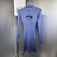 Knitting Sweater Dress Long Sleeve Hollow Out Pencil Solid S...