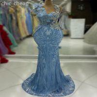2024 Aso Ebi Sky Blue Mermaid Prom Dress Sequined Beaded Cry...