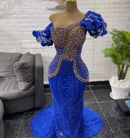 2024 Aso Ebi Royal Blue Mermaid Prom Dress Beaded Crystals O...