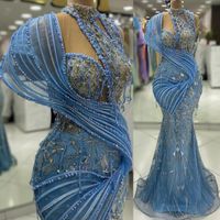 2024 Aso Ebi Sky Blue Mermaid Prom Dress Sequined Beaded Cry...