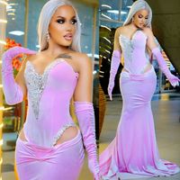 2024 Aso Ebi Pink Mermaid Prom Dress Crystals Vevelet Sexy E...