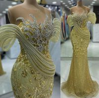 2024 Aso Ebi Gold Mermaid Prom Dress Beaded Crystals Sheer N...