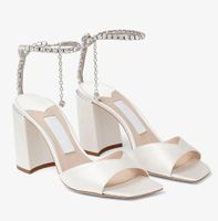 Elegant Bridal Wedding Women Saeda Sandals Shoes Block Heel With Crystal-embellished Anklet High Heels Lady Square toe Gladiator Sandalias EU35-43 With Box