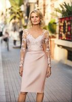 2024 Vintage Mother of the Bride Dresses V Neck Long Sleevevs Lace Appliques Satin Sheath Wedding Guest Gowns Knee Length