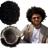 10 Inches 6mm Kinky Curly Brazilian Virgin Human Hair Replacement Natural Black Color Full Lace Wig for Black Men