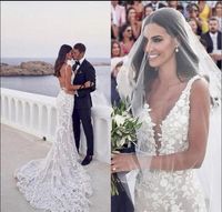 Sexy Backless Mermaid Beach Wedding Dresses deep V-neck 3D Lace Applique Sweep Trumpet Steven Khalil Garden Bridal Wedding Dress