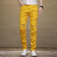 Men' s Jeans Ripped Men Slim Fit Yellow Stretch Hip Hop ...