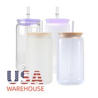 USA CA Warehouse 16oz Frosted Clear Glass Can Cup With Bamboo Lid And Straw Sublimation Blank Glass Tumbler Mason Jar Beer Can