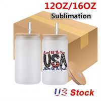 2 Days Delivery 12oz 16oz Sublimation Glass Mugs Blanks with Bamboo Lid Frosted Beer Can Glass Borosilicate Tumbler Mason Jar Cups with Plastic Straw US Stock ss0113