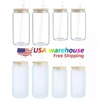 US Warehouse Water Bottles 12oz 16oz DIY Blank Sublimation Can Tumblers Shaped Beer Glass Cups with Bamboo Lid and Straw for Iced Coffee Soda ss0126