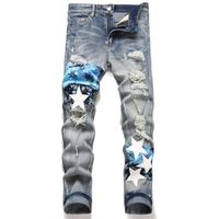 Men' s jeans Vintage blue jeans with holes, stars, elast...