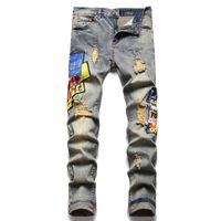 Men' s jeans Perforated printed trendy elastic slim fitt...