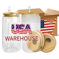 US CA Warehouse 16oz Sublimation Glass Mugs Cup Blanks With Bamboo Lid Frosted Beer Can Glasses Tumbler Mason Jar Plastic Straw