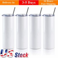 1 Day Delivery 20oz Sublimation Tumblers With Plastic Straw 304 Stainless Steel Straight Blank Coaster Mugs Outdoor Doubel Wall Thermos Cups US/CA Local Warehouse