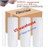 US Warehouse 25pcs/Carton Sublimation Blanks Tumblers 20oz Stainless Steel Straight Blank Mugs white Tumbler with Lids and Straw Heat Transfer 0512 Gift Mug Bottles