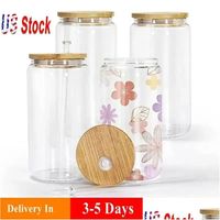 Tumblers Us Warehouse 16Oz Sublimation Glass Beer Frosted Drinking Clear Cans With Bamboo Lid And Reusable