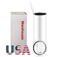 US CA Warehouse Sublimation Blanks Mugs 20oz Stainless Steel Straight Tumblers Blank white Tumbler with Lids and Straw Heat Transfer Cups Water Bottles