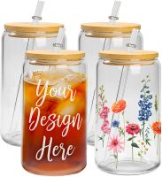 US STOCK Sublimation Beer Can Glass with Bamboo Lids and Straw 16OZ Blank Glass Ice Coffee Cups Tumbler Mugs for Juice Soda Cocktail