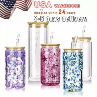Clear sublimation Mugs US warehouse 12OZ 16OZ 25OZ Tumblers double wall glass tumbler glitter DIY snow globe blank can with bamboo lids beer juice glasses