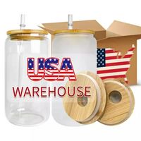 US CA Warehouse 16oz Sublimation Glass Mugs Cup Blanks With Bamboo Lid Frosted Beer Can Glasses Tumbler Mason Jar Plastic Straw