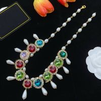 Sweet Double Letter Water Diamond Pearl Choker Necklace Brass Material European American Fashion Colored crystal Sweater Chain Designer Jewelry Wedding Party