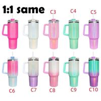 With logo 40oz Glitter Sublimation Tumblers Cups with Logo Handle and Straws Gradient Color Insulated Car Mugs Stainless Steel big capacity Water Bottles GG1110