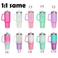 With logo 40oz Glitter Sublimation Tumblers Cups with Logo Handle and Straws Gradient Color Insulated Car Mugs Stainless Steel big capacity Water Bottles GG1211