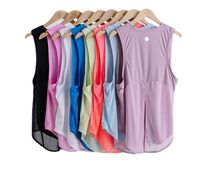 LU08 Running Yoga Tank Top Vest T-shirt Gym Clothes Women Fitness Mesh Black Quick-drying Breathable Loose Sleeveless Tie Up Blouse Tee Shirt
