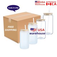 CA US STOCK 16oz Sublimation Glass Tumblers Can Shaped Beer Glass Cups with bamboo lid and straw for iced coffee soda Jars JY07