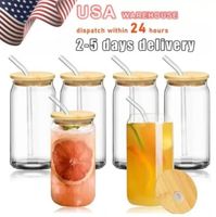 US CA Warehouse 2 Days Delivery 12oz 16oz Sublimation Glass Can Tumbler Frosted Cola Can Bamboo Lid Beer Cocktail Cup Whiskey Coffee Mug Iced Tea Jar Mugs