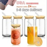 US CA Warehouse 2 Days Delivery 16oz Sublimation Glass Can Tumblers Frosted Cola Can With Bamboo Lid And Straw Beer Cocktail Cup Whiskey Coffee Mugs Iced Tea Jar 0720
