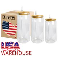US Warehouse 16oz Glass Sublimation Water Bottles With bamboo lid reusable straw Can Shaped Clear Frosted Glass Tumbler Soda Cocktail Mugs tt0408