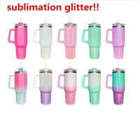 Sublimation 40oz glitter tumblers Cup with Handle Lid and Straw Gradient Color Insulated Car Mugs Stainless Steel Tumbler big capacity Water Bottles FY5695 0410