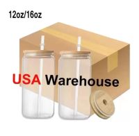 US Warehouse 2 Days Delivery 16oz Sublimation Glass Can Tumbler Frosted Cola Can Bamboo Lid Beer Cocktail Cup Whiskey Coffee Mug Iced Tea Jar
