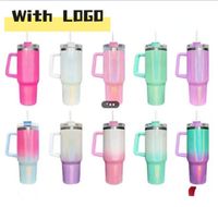 With LOGO 40oz Glitter Mugs Sublimation Tumblers Cups with Logo Handle and Straws Gradient Color Insulated Car Travel Mugs big capacity Water Bottles GG1121