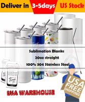 US CA Warehouse Sublimation Blanks Tumblers 20oz Stainless Steel Straight Blank Mugs white Tumbler with Lids and Straw Heat Transfer Gift Mug Bottles