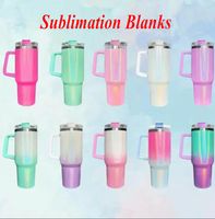 Sublimation 40oz glitter tumblers Cup with Handle Lid and Straw Gradient Color Insulated Car Mugs Stainless Steel Tumbler big capacity Water Bottles G0425