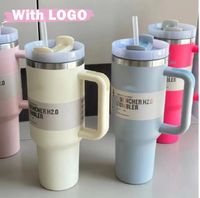 Barbie pink quenched H2.0 40oz stainless steel glass cup silicone handle lid straw second generation car cup continue to drink cold water bottle has logo