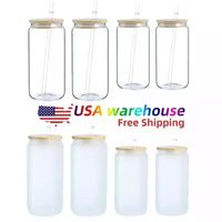 US Warehouse Water Bottles 12oz 16oz DIY Blank Sublimation Can Tumblers Shaped Beer Glass Cups with Bamboo Lid and Straw for Iced Coffee Soda