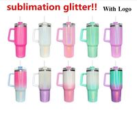 40oz Glitter Tumblers Cups with Logo Handle and Straws Reusable Insulated Car Mugs Stainless Steel Sublimation Tumbler big capacity Water Bottles 1027i