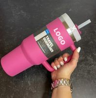 DHL With logo Hot Pink 40oz water bottle Mug Tumblers With Handle Insulated Tumblers Lids Straw Stainless Steel Coffee Termos Cup With Original DHL ship i1017