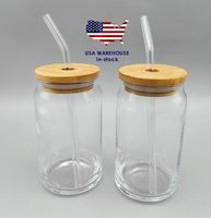 US CA Warehouse 16oz Sublimation Glass Beer Mugs Bamboo Lids Straw Tumblers DIY Blanks Cans Heat Transfer Cocktail Iced Coffee Cups Whiskey Glasses Mason Jars GG1019
