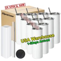 US Stock Sublimation Blanks 20oz Stainless Steel Tumblers Cups with Plastic Lid And Straw Car mugs Keep Drinking Cold Water Bottles