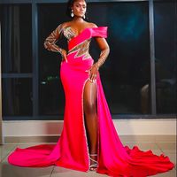 2023 Oct Aso Ebi Arabic Fuchsia Mermaid Prom Dress Beaded Cr...