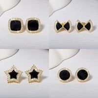 Stud Earrings 24K Gold Lab Black Agate Diamond Earring Real Silver Color Party Wedding For Women Men Engagement Jewelry