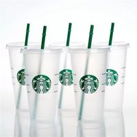 DHL Mermaid Goddess Starbucks 24oz/710ml Plastic Mugs Tumbler Reusable Clear Drinking Flat Bottom Pillar Shape Lid Straw Cups Mug C1208