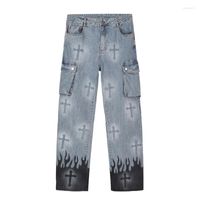Men' s Jeans Punk Denim Pants Men Harajuku Flame Cross P...