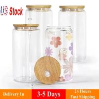 16oz US Warehouse Sublimation Glass Tumblers Beer Frosted Drinking Clear Cans With Bamboo Lid And Reusable Straws 2 Days Delivery