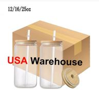 US Warehouse 16oz mug straight blank sublimation frosted clear Transparent coffee glass cup tumblers with bamboo lid and straw 2023