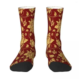 Men's Socks Gold Dark Red Floral Damasks Pattern Sock Men Women Polyester Stockings Customizable Hip Hop